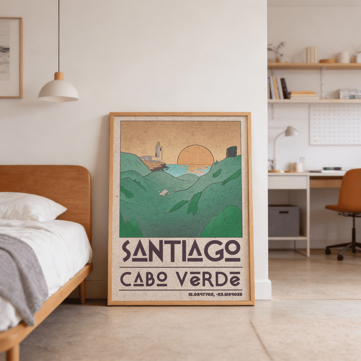 Coastal landscape print poster with central sun disk, water reflections, and layered hills