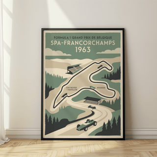 Showing Spa Francorchamps Art Print with vintage racing cars and course labels
