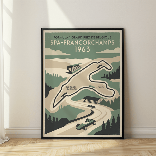 Showing Spa Francorchamps Art Print with vintage racing cars and course labels