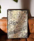 Typographic Lisbon Map Art Print wall art featuring tram icon and street-name blocks