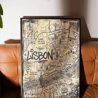 Typographic Lisbon Map Art Print wall art featuring tram icon and street-name blocks