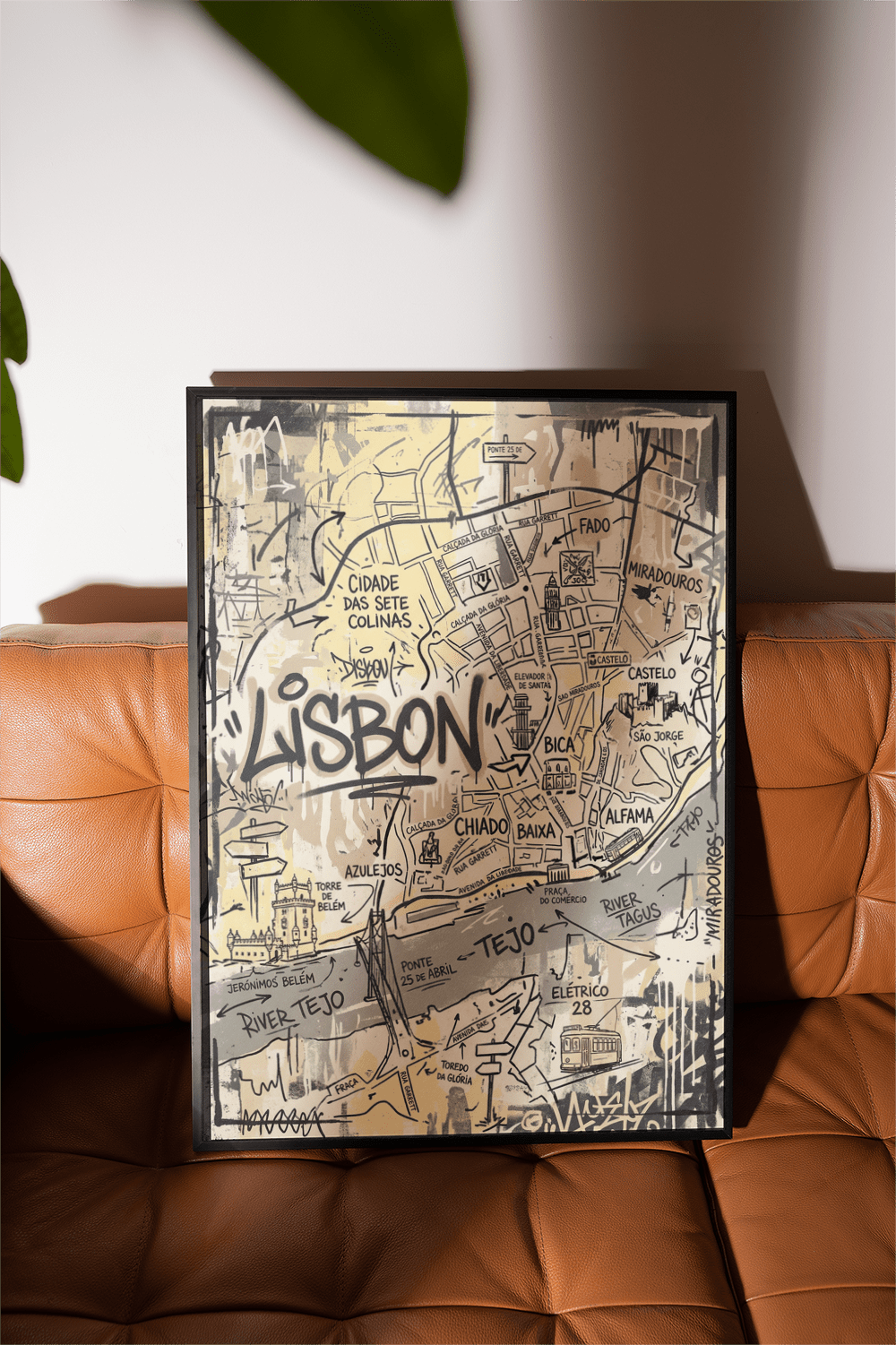 Typographic Lisbon Map Art Print wall art featuring tram icon and street-name blocks