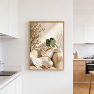 Gentle Neutral Woman Reading Art Print wall art with open book covering face on sofa