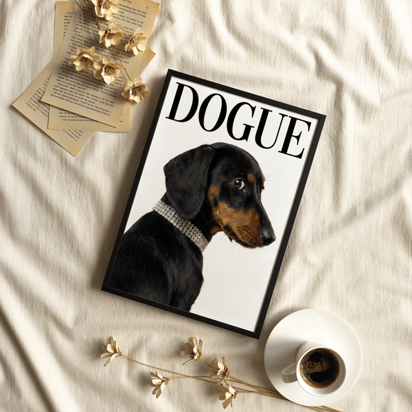 Dachshund Art Print showing elegant pet portrait, Black and White, for bedroom