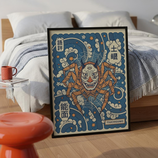 Centered yokai spider wall art print showing a multi-eyed mask, web lines, and kanji-style text blocks