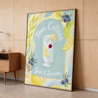 Centered drink illustration print showing iced highball, bubbles, lemon wedge, and cherry garnish