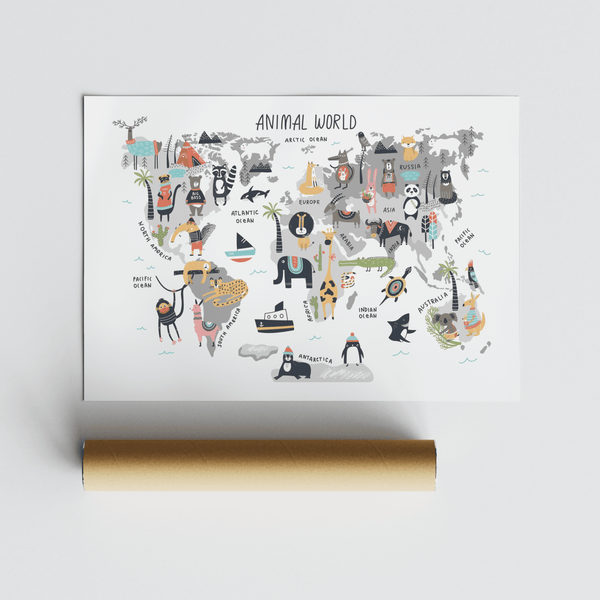 World Map for Kids animal poster in Multicolored tones for classroom