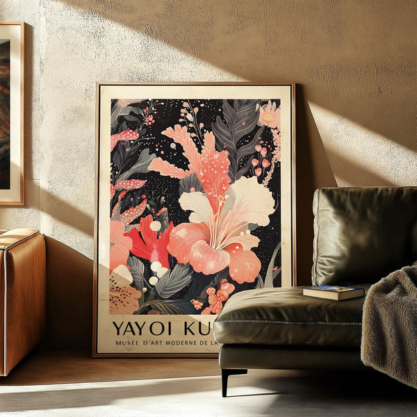 Black and pink wall art in Yayoi Kusama style with dotted accents and flowing lines