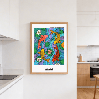 Patterned pond poster print with koi fish swimming between lily pads and flowers