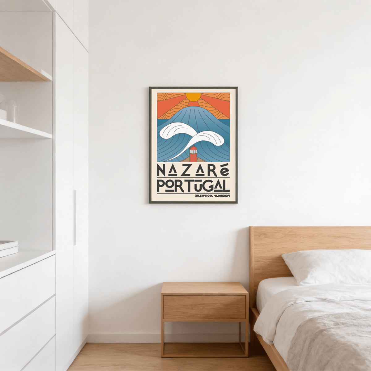 Nazare Portugal Art Print travel-style poster with coordinates and graphic sea scene