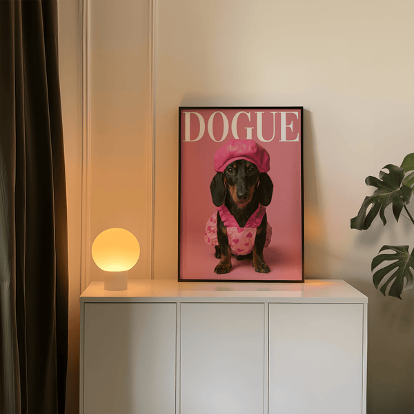 Fashion Dachshund Wall Art featuring a dog with a pink outfit for hallway gallery walls