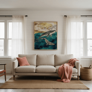 Whale Art Print Blue and Gold artistic poster for dining room