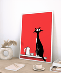 Whimsical Cat Wall Art featuring black cat for kids’ room, red and white poster
