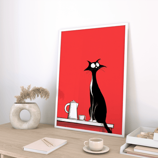 Whimsical Cat Wall Art featuring black cat for kids’ room, red and white poster