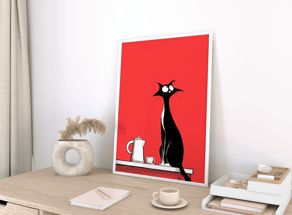 Whimsical Cat Wall Art featuring black cat for kids’ room, red and white poster