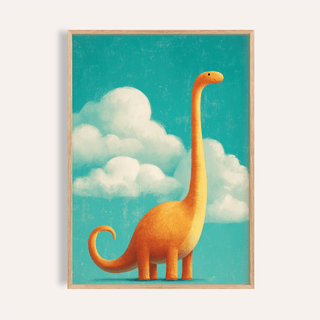 Nursery Room Poster with orange dinosaur, blue sky, nursery wall art