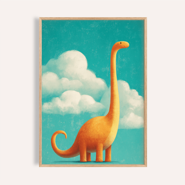 Nursery Room Poster with orange dinosaur, blue sky, nursery wall art