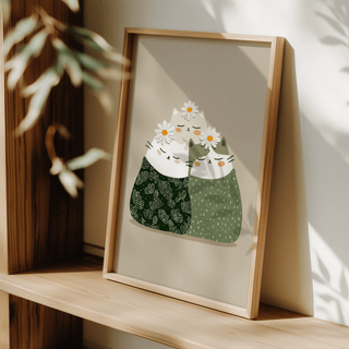 Chic Illustrated Cat Wall Art print, Green and Beige tones for home office decor