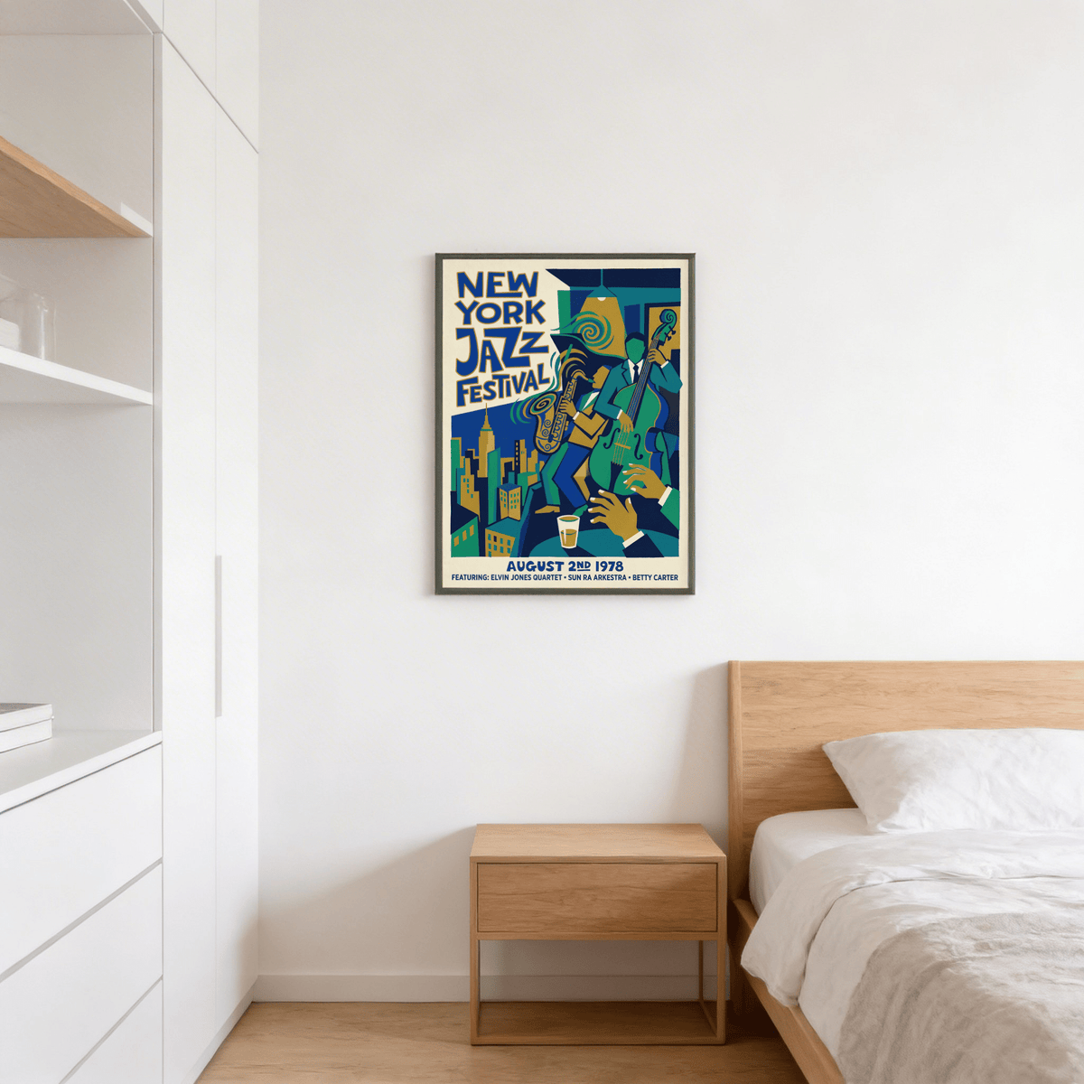 Angular musician silhouettes framed by simplified city buildings
