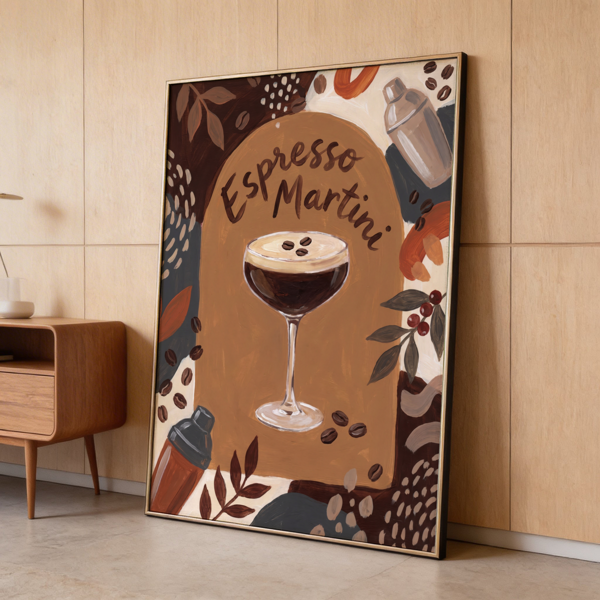 Painted Espresso Martini Wall Art featuring handwritten text, shaker, and scattered coffee beans