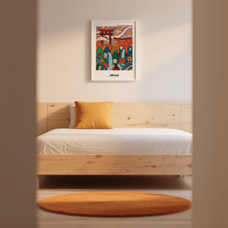 Illustrated wall art print of torii gates above hills with dotted texture patterns