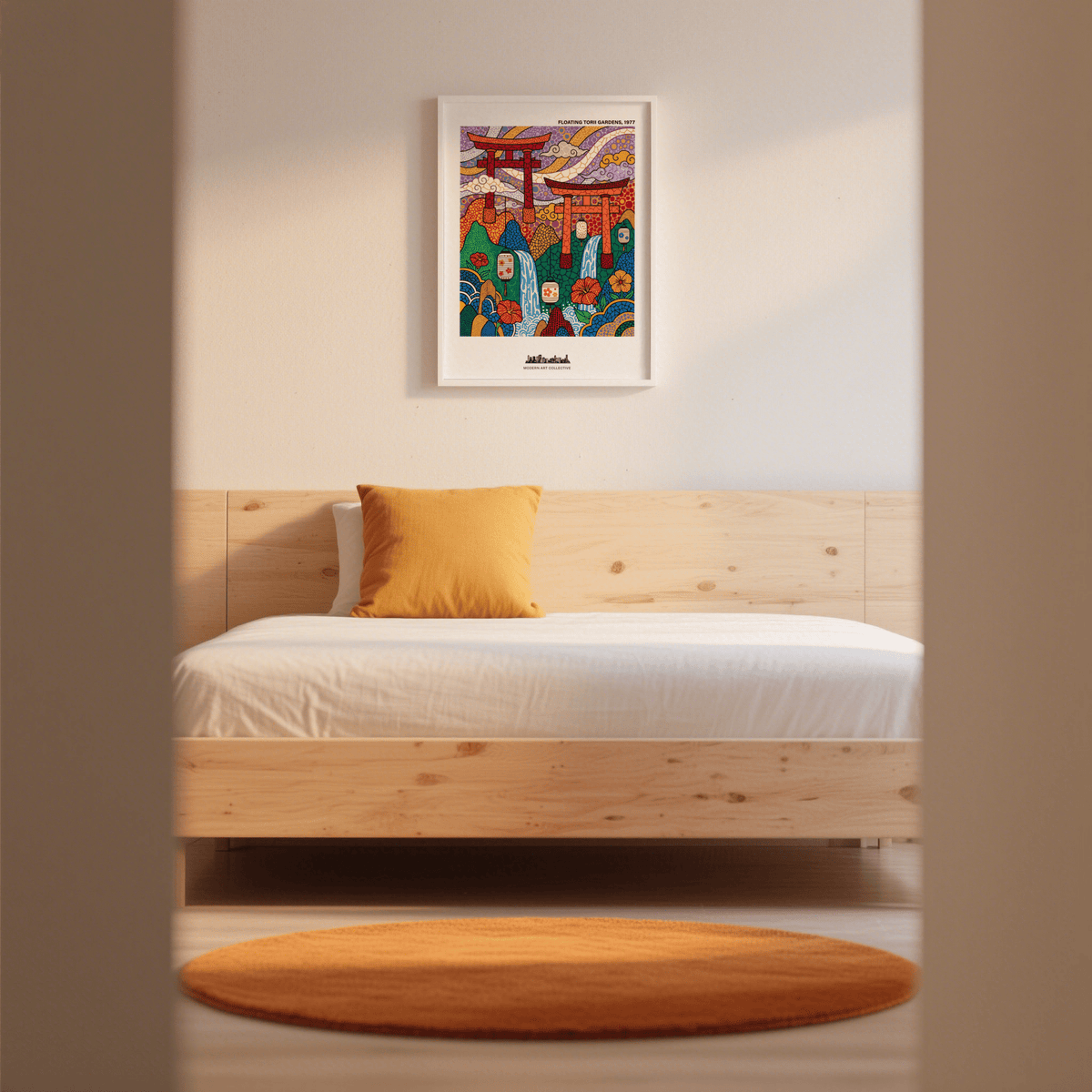 Illustrated wall art print of torii gates above hills with dotted texture patterns