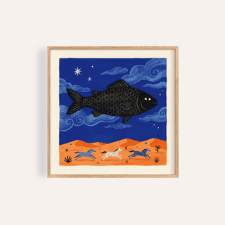 Bold Whimsical Fish Art Print poster with large fish and swirling clouds