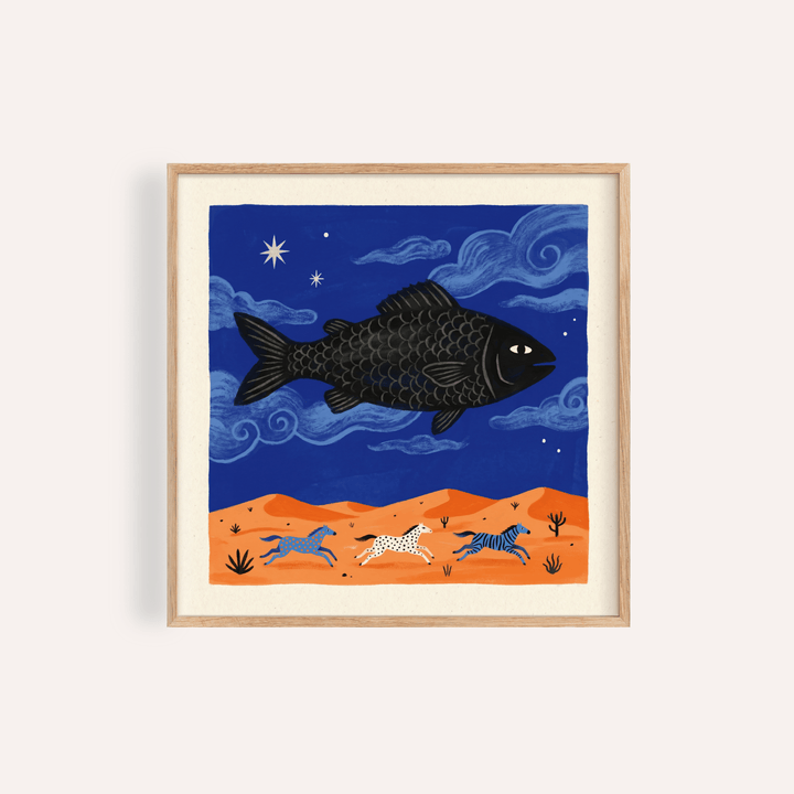 Bold Whimsical Fish Art Print poster with large fish and swirling clouds
