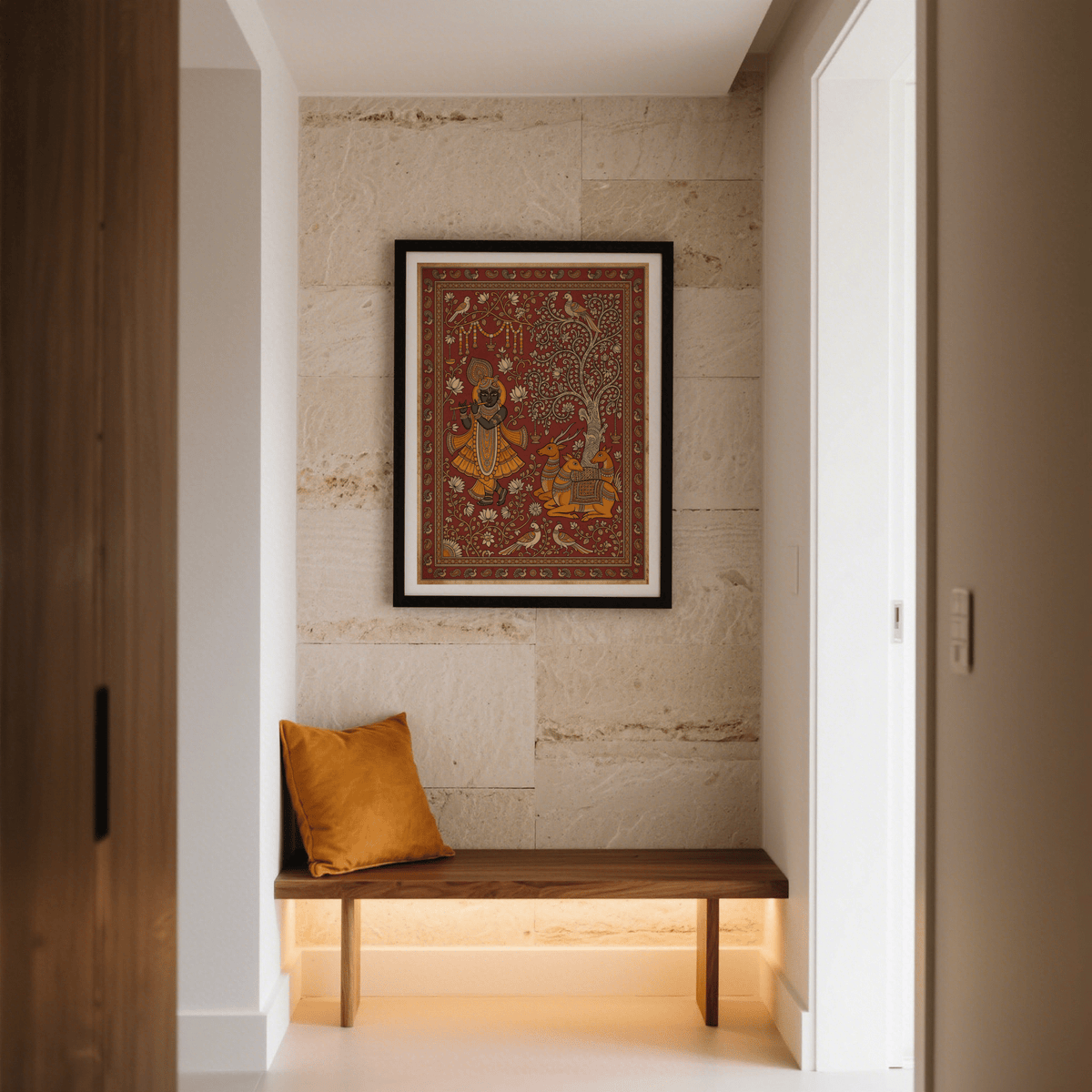Illustrated wall art print with deity-like figure, swirling botanical forms, and repeating border