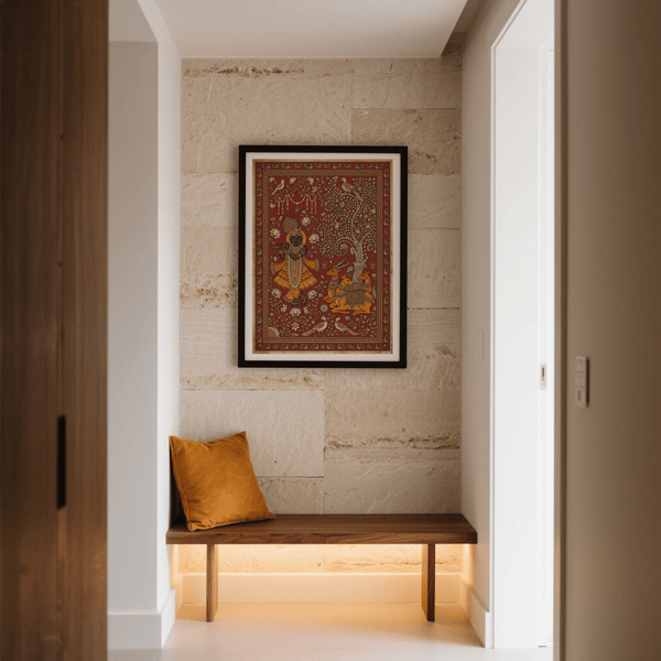 Illustrated wall art print with deity-like figure, swirling botanical forms, and repeating border