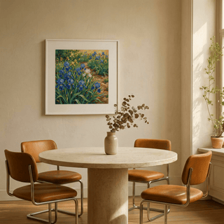 Blue Iris Art Print featuring organic blues and greens for office