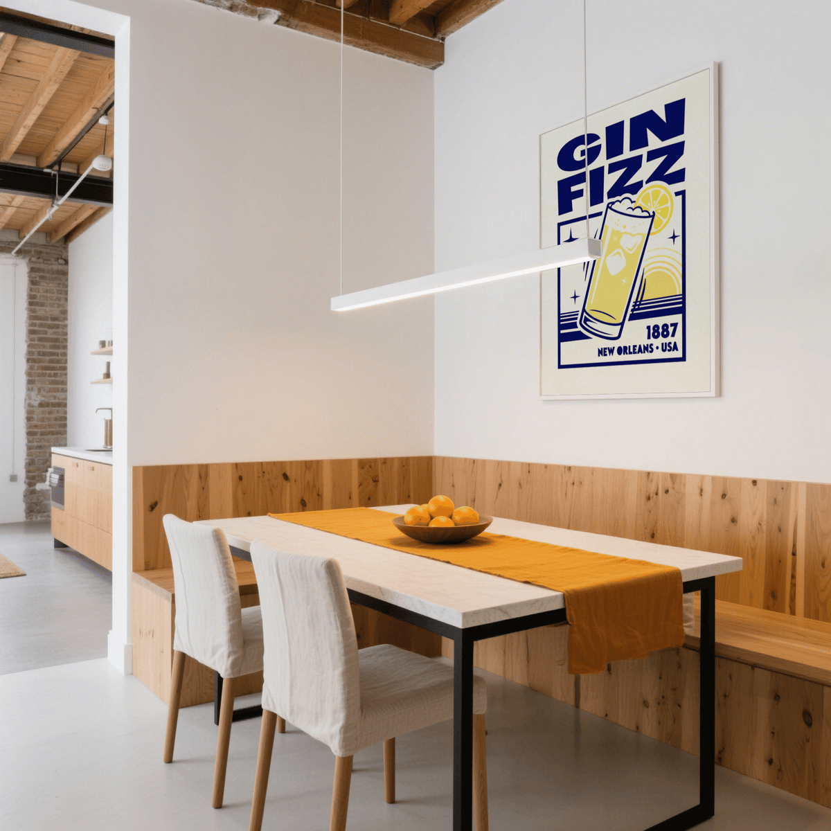 Vintage Gin Fizz Print wall art with Blue and Yellow, perfect for dining room