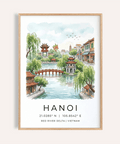 Watercolor Hanoi travel poster print with lake and red bridge