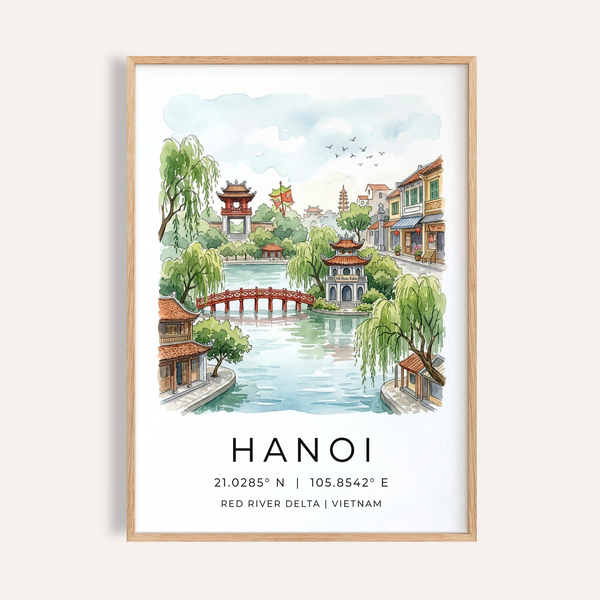 Watercolor Hanoi travel poster print with lake and red bridge