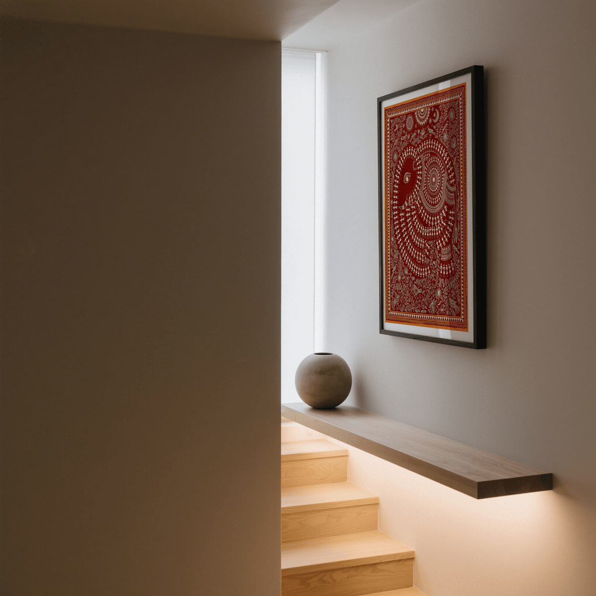 Detailed folk elephant poster with concentric patterns and vine border, Indian Folk Art Poster