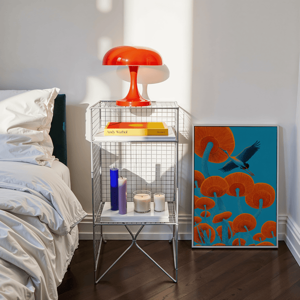 Japandi Bird Print in Blue and Red, modern dining room art print