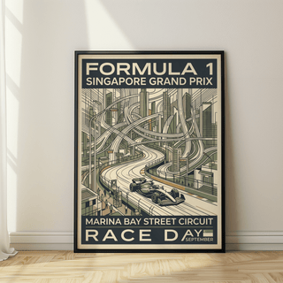 Showcasing layered flyovers and a sweeping street track, motorsport wall art poster with “Formula 1 Singapore Grand Prix” typography