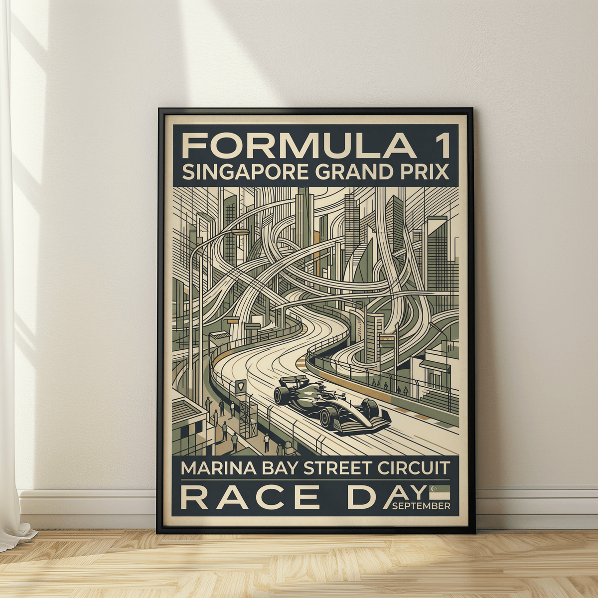 Showcasing layered flyovers and a sweeping street track, motorsport wall art poster with “Formula 1 Singapore Grand Prix” typography