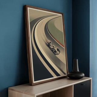 Retro racing poster of open-wheel car rounding a broad bend