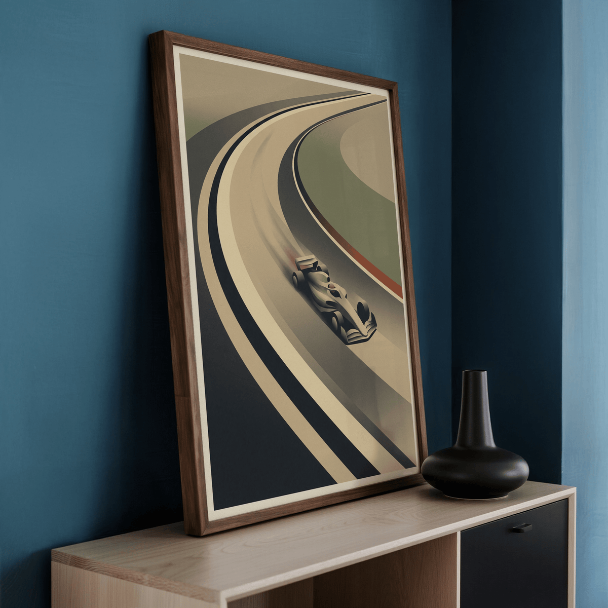 Retro racing poster of open-wheel car rounding a broad bend