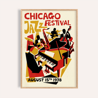 Featuring Chicago Jazz Festival Poster wall art with grand piano and saxophone illustration