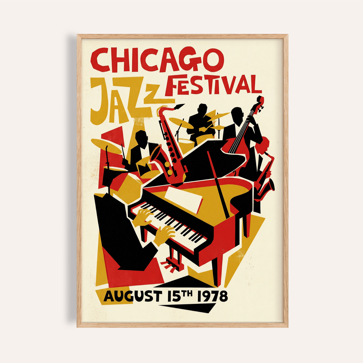 Featuring Chicago Jazz Festival Poster wall art with grand piano and saxophone illustration