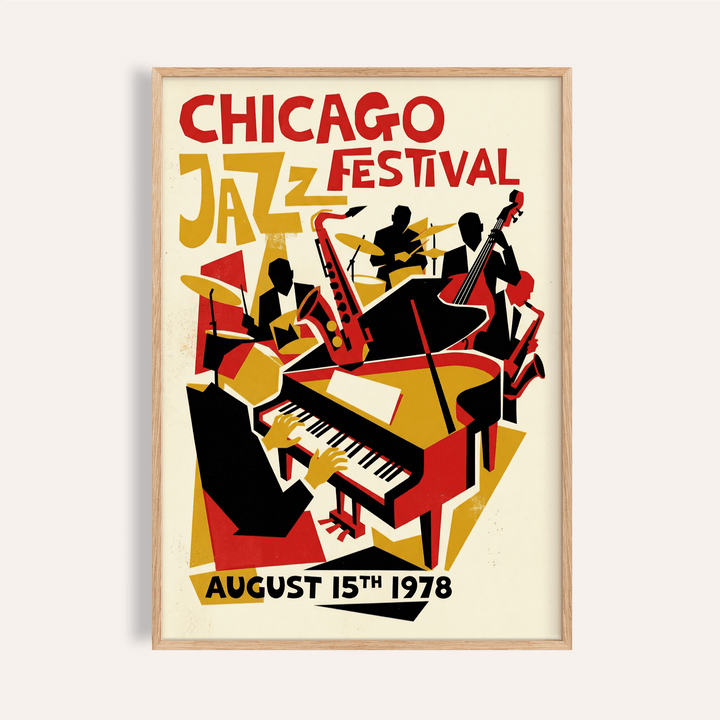 Featuring Chicago Jazz Festival Poster wall art with grand piano and saxophone illustration