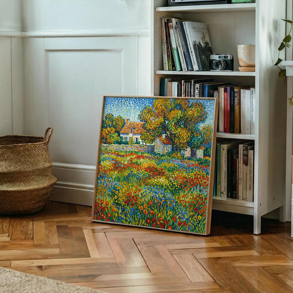 Colorful Floral Landscape Art in green and red for living room wall art