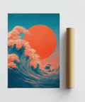 Japandi Waves Print Blue and Red art print ideal for reading nook