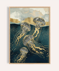 Abstract Jelly Fish Wall Art in blue and gold for living room poster