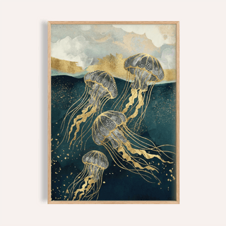Abstract Jelly Fish Wall Art in blue and gold for living room poster