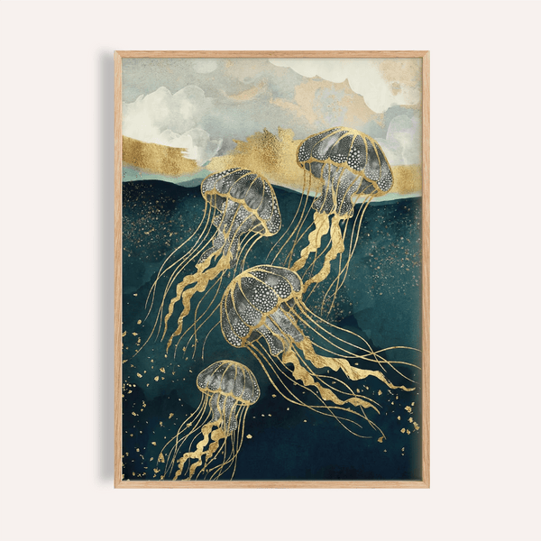 Abstract Jelly Fish Wall Art in blue and gold for living room poster