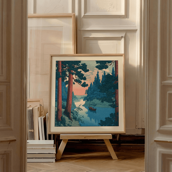 Detail crop of Hasui Kawase river boat print featuring boat on calm water