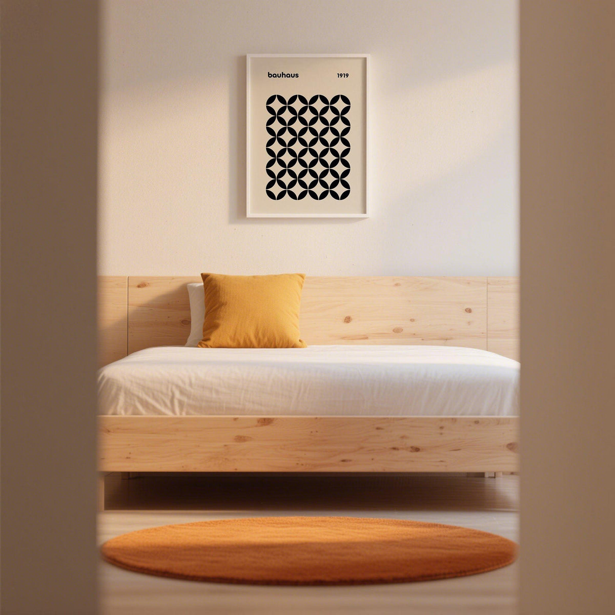 Contemporary mid century wall print with black circular pattern on cream-colored background.